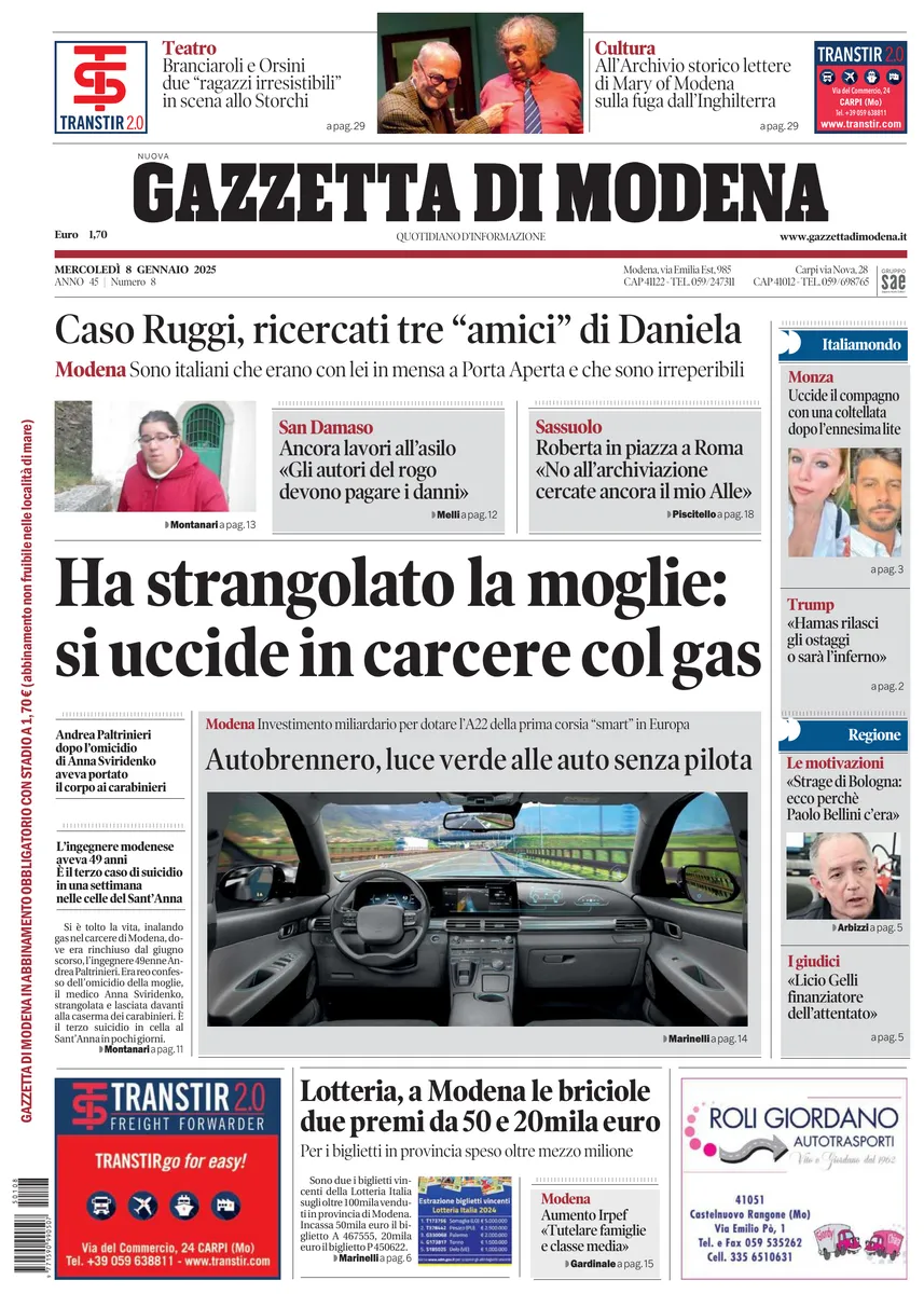 Prima-pagina-gazzetta di modena-oggi-edizione-del-2025-01-08